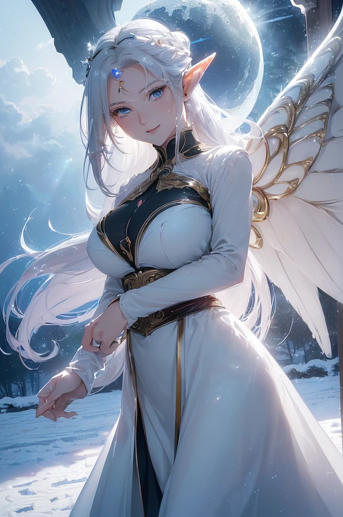character: A beautiful woman, legendary, ((((realistic oil art, 46-year-old Empress, vibrant look, ((an elf, with golden hair and pointed ears. she has a pair of huge black and white wings behind her, and she holds a silver-white weapon , modest)), perfect body figure, very big breast, very big ass, beautiful face, milf, royal, shine eyes, blue eyes, ponytail long hair style, beautiful skin,                                                                                                                  details: 1girl, masterpiece, extremely detailed, (beautiful detailed glow), lens flare, red flare lens, sun flare, clouds, backlighting, (blue sky)
, light from behind, shadow on the figure, sparkling snow ,smile, laughter, standing in the distance, looking at the viewer, full-length
, elegance under the sun, hair ornament, movement motion, image look alive, Extremely details hair, fine details, cinematic lighting, beautiful lighting effect, creative design, full body frame, divine aura, hard harmony , sun light, perfect color transition, perfect balance of contrast, perfect color layer, perfectly smooth color blur, soft rendering, smooth color stroke, moon glare, optic lens, moonlight ray, soft colors, smooth colors blend, perfect color rendering, harmony, perfect color harmony, beautiful color, soft harmony, light particles, perfect details, intricate details, color prism, fine details, refine details, different view point, extremely details clothes))), Tachibana Omina art style, affectionate eyes, half a smile, slightly open mouth, a gentle expression on his face, serene scenery of  flower under the snow, snow flake floating around, calm, breeze and sunlight, sun, lake, reflection, in the background, butterflies in the sky, realism, ((Best quality))),8k,((Masterpiece)),(Extremely refined and beautiful)