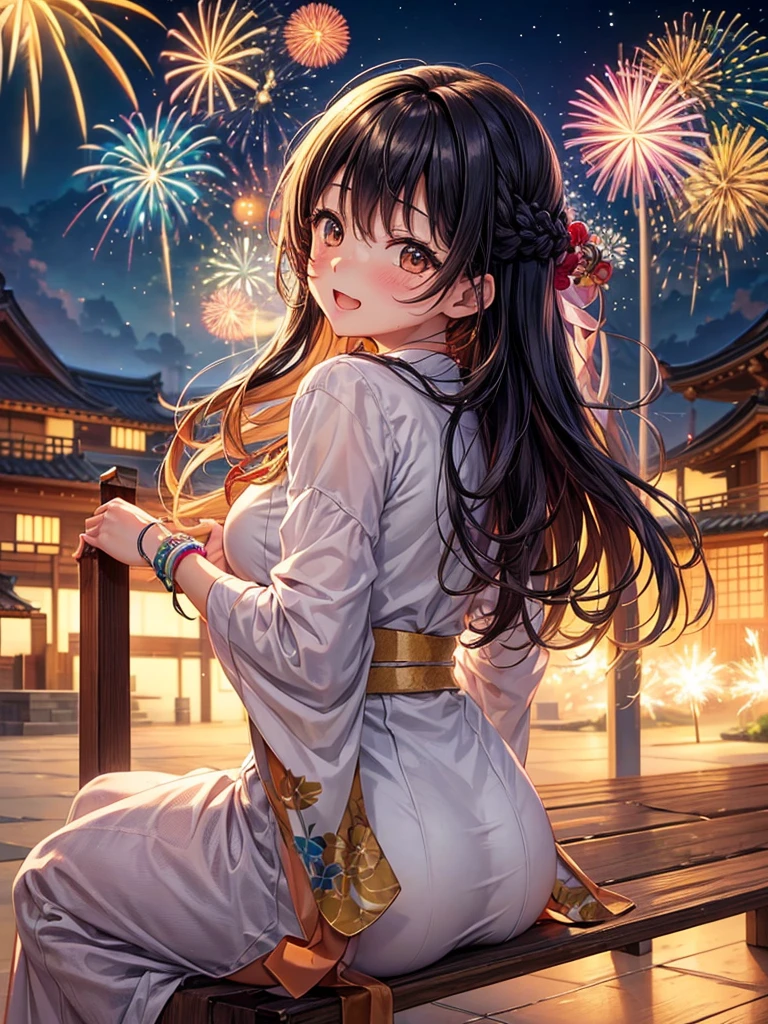 (highest quality)), ((masterpiece)), (family friendly), Perfect Face,Shiny skin,Beautiful breasts,Shiny skin、Kyoto Animation style painting、Hair、Golden Eyes、Sunburned skin、night、Braided Hair、(((女の子2人)))、(((firework)))、(((night)))、Sit on a bench、(Sweat)、
、kimono、(((マグカップ)))、smile、look up、Open your mouth、