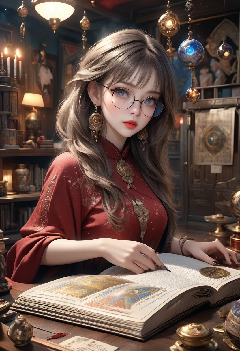 a beautiful cute girl, fortune telling, beautiful detailed eyes, long eyelashes, beautiful detailed lips, an astrologer, astrology book, at the shady fortune-telling house, sun, moon, planets, horoscope, (best quality,4k,8k,highres,masterpiece:1.2),ultra-detailed,(realistic,photorealistic,photo-realistic:1.37), glasses, mysterious atmosphere, mysterious clothes, standing