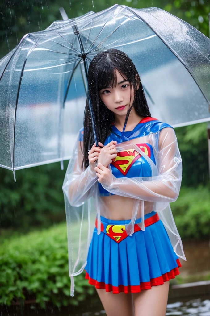A beautiful oriental girl wearing a transparent supergirl lostum and very thin, wet because of the rain, looks very attractive on her body,4D,8k, HyperRealistic, hyperdetail 