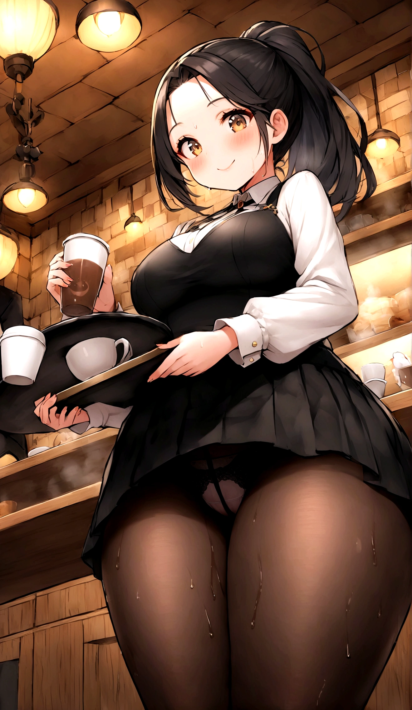 One Woman、One Man、The man is looking up her skirt、Beauty、Cafe、Cafe屋の制服、淫乱Cafe店員、Cafe店員、Age 25、Tight Skirt、Large number of customers、Looking down at the viewer, ponytail, Highest quality, Focus on the thighs, smile, Black Pantyhose, panties under pantyhose、Plump thighs、Big Ass、Big 、 Black Hair,My thighs are steaming between the legs 、Sweaty pantyhose、Angle from directly below、Waiting for Obon、Coffee cup on the tray