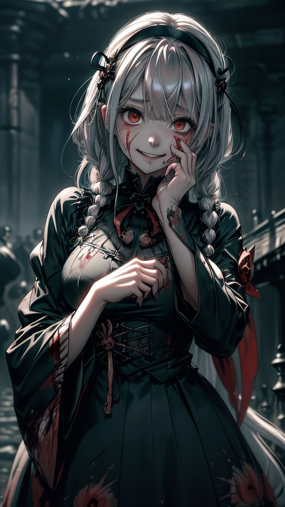 死んだ腐ったBloodに飢えた邪悪なzombie, Girl Venom, 黒い共bornborn物が付着している, Bloodまみれの, Evil look, Psychopathic, Torn clothes, Torn costume, sexy, reveal, Combat Stance, Very detailed, Vibrant appearance, Creative Action, Very detailed, Imaginative, Sensual, Voluntary, Small breasts, sexy, reveal, Highest quality, skinの質感, Intricate details, (Highest quality, masterpiece, 超High resolution), (8k wallpaper, High resolution, High resolution, born), (credibility: 1.4), (whole bodyショット), One girl, ((Anime Girls)),,(Bloodしぶき:1.6), ((Fantasy Witch Costume)), ((Flowing white hair)), ,(Bloodしぶき:1.6),Female curves, Large Breasts, Thick thighs, sexyな平らなお腹, 完璧なhand, 完璧なアニメのface, ((dark lolita dress)), Are standing, ((Wicked Smile)), ,(Bloodしぶき:1.6),In the Victorian city, gaslight, Steam circulates, Moonlight Illumination, night間照明, A sky filled with stars and galaxies,(Bloodしぶき:1.6),アニメzombie魔女デザイン, ねじれた笑face、Bloodまみれの、頭からの出Blood、Bloodしぶき、,(Bloodしぶき:1.6),Crossbones, skull, Streetwear Design, Provector, Horror Style, Full Design, Huge breasts, Very detailed, Realistic, Dark fantasy, Gloomy atmosphere, Intricate details, Crazy Smile, 狂ったeye, A cute and luxurious hair band,(masterpiece:1.2, Highest quality), Scary atmosphere、Distorted facial expressions、Horror Art、Bloodの雨、Bloodを流す、Bloodしぶき,(Bloodしぶき:1.6),悪魔のeye、redいeye、scar、火scar、whole body、Torn hair of a woman dressed in slave clothing、（Long Hair）、（eyeにかかる長さの前髪）、Black Hair、（（（eyeの下のクマ）））、青白いskin、Feeling unwell、Pathological、邪悪な笑face、狂ったeye、（Grin）Dramatic makeup，Create mixed media art、,Horror 1 Girl, Open_mouth, , red_eye, Blood, Tilt_red_skin, Injury, Blood_in addition_face, Bandaged_arm, Blood_in addition_zombie, Blood_in addition_hand　, Open your eyelids wide, The trend is all, mouthを大きくOpen, mouthを開けてteethをむき出しにする,獣のような鋭いteeth, Wide lips, 非常に広いmouth, Vermilion cheeks, blonde, ,(Bloodしぶき:1.6),Princess Cut, Ribbon hair ornament, brooch, Otaku Room, Well-built body, Nice body, Ample breasts, Thick body,eyeを大きく開いて、Scary atmosphere、Distorted facial expressions、ねじれた笑face、Bloodまみれの、頭からの出Blood、Bloodしぶき、whole body、,(Bloodしぶき:1.6),Long Hair、Long bangs、Well-built,Broad shoulders,I focus,(face),Messy Hair,いeye,(光るeye),red信号,笑face,big 笑face,teeth,psycho 笑face,gesugao,Dark city background,darkness,night,(close),良いeye, 良いteeth,サディスティックな笑face,,all,光沢のあるskin,詳細なface,Beautiful body,　mouthからの白い息　Luxurious lace long gloves