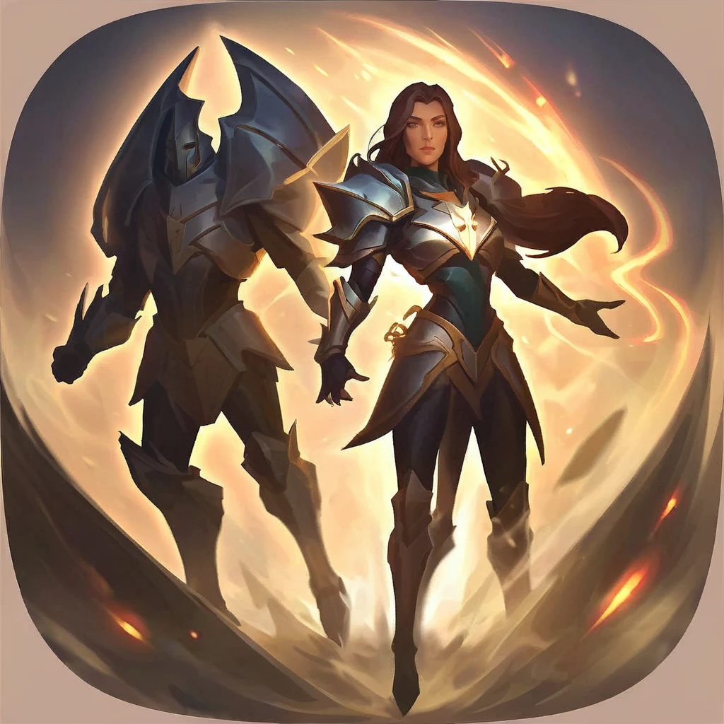 Create an icon of an armored person, with supernatural armor, of different elements surrounding her body