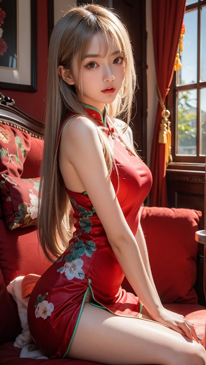 Beautiful Japanese waifu, early 30s, brunette hair, red qipao, on a red sofa 