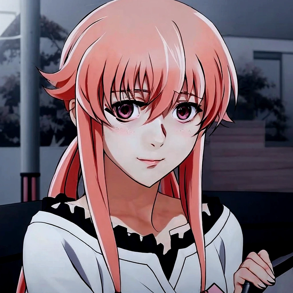 anime girl with pink hair and black and white shirt holding a cell phone, anime visual of a young woman, gasai yuno, gasai yuno, female anime character, anime visual of a cute girl, cel shaded anime, anime character, anime girl named gasai yuno, gapmoe yandere, gasai yuno, as an anime character