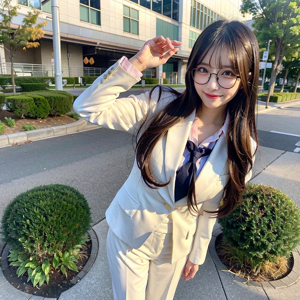 ((Highest quality)), ((masterpiece)), (detailed), One girl,, Japanese woman in her 20s、Long Hair、White underwear、cute、With legs apart、Ecchi、smile、Glasses、Blazer uniform professional photo、8K,4K、My pants are digging in、Pussy、Standing photo、slender、Big Breasts