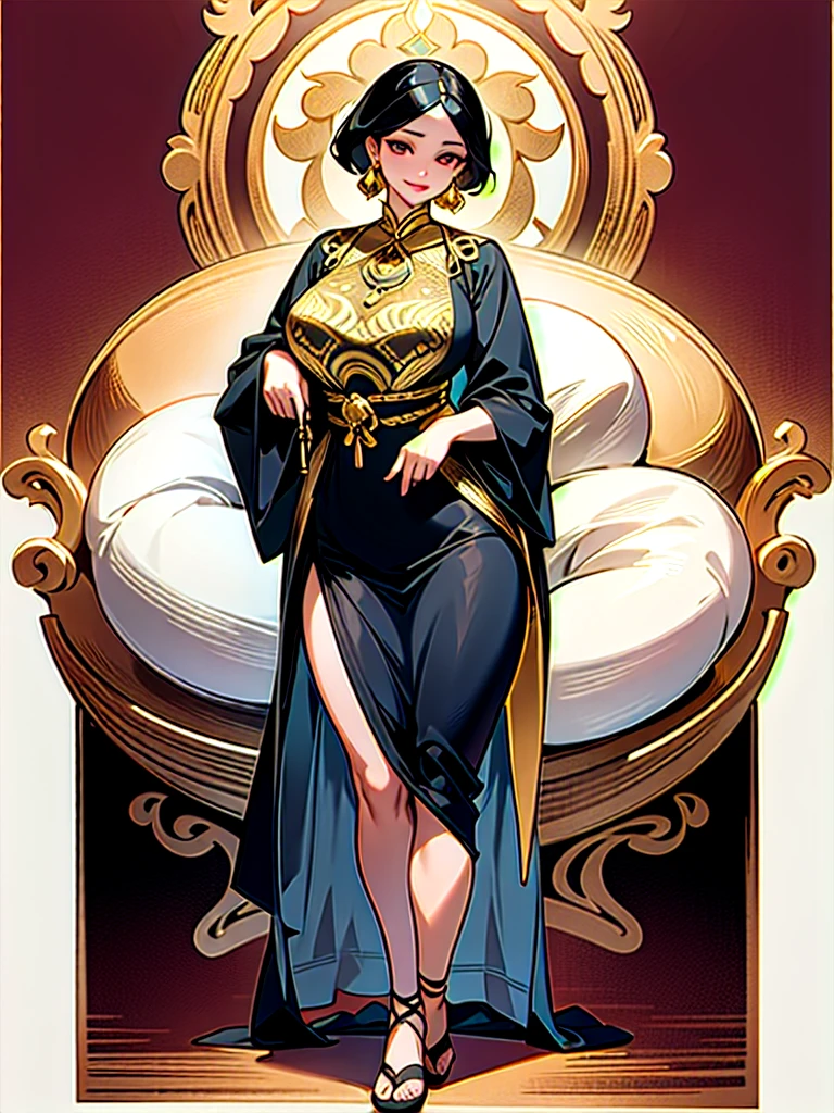 Stunning Beauty Voluptuous Javanese Wife, kind smile, Photorealistic portrait, very huge chest, wearing long soft silk batik abaya and wooden sandals, simple accessories of gold and jewelry, black short hair, brown skin, luxurious Javanese mansion in background, beautiful eyes, beautiful lips, beautiful chest, beautiful neck, beautiful thighs, beautiful legs. HD Image, Wide Angle, Full Body, Top to Toe, Very Detailed Face, Very Detailed Anatomy, Very Detailed Accessories, Very Detailed Background, Highest Quality, A Masterpiece.