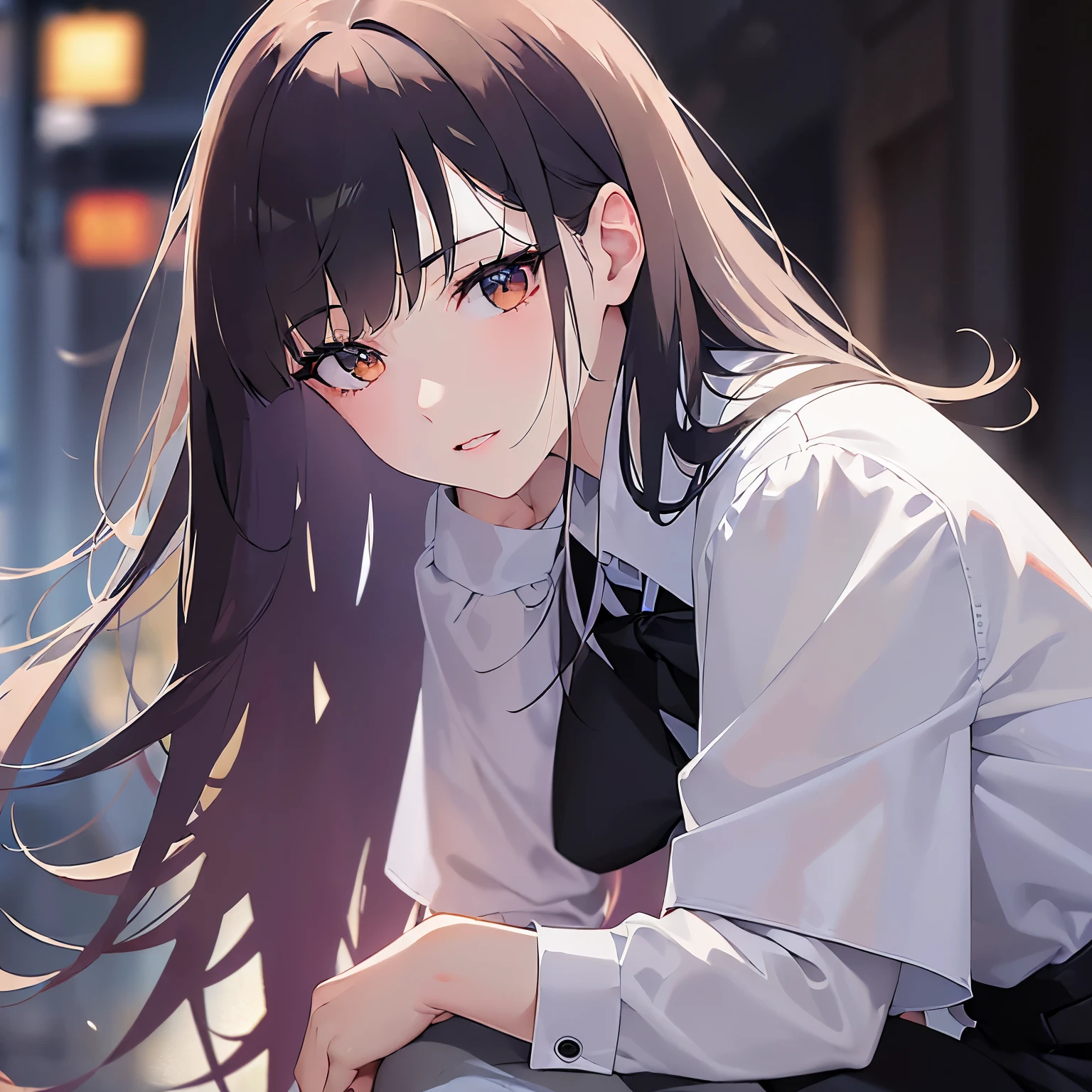 (looking away:1.5),upper Body, Realistic, real person, (pale skin: 1.2), RAW photo, photorealistic, shiny skin, shiny hair、 (A 25-year-old woman with bob hair and bangs:1.5) and (wavy hair) and (brown hair) and (Orange Eyes)、(business suit:1.5)and (Wearing a white collared shirt) ,tearfull,crouching,at night