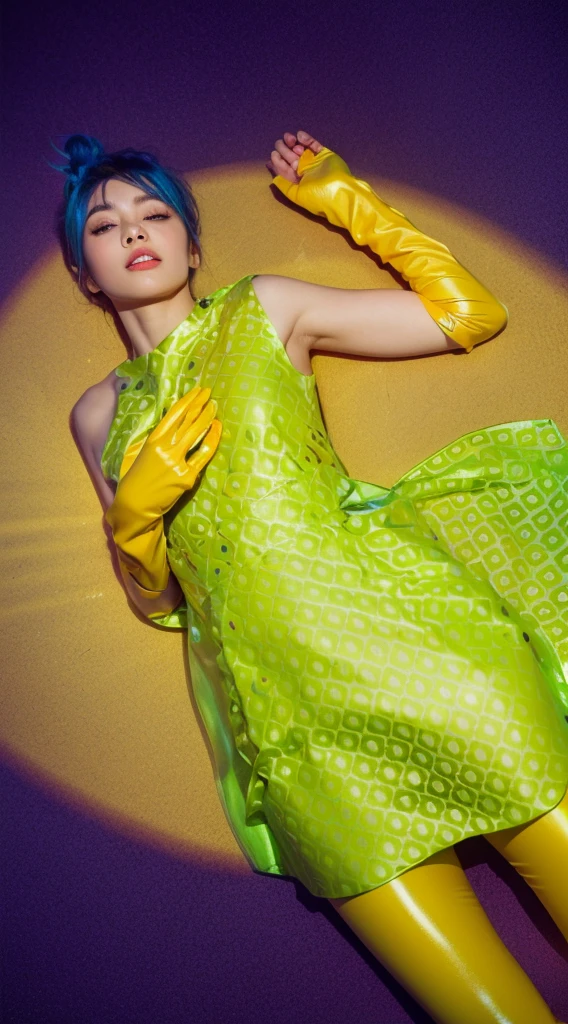This image features a woman lying on an asphalt surface, dramatically illuminated by a spotlight that highlights her vivid features against the dark backdrop. Her glossy, satin-like skin glows under the intense light, emphasizing her serene and graceful appearance. Her striking blue hair, styled in a modern, edgy cut, contrasts sharply with the surrounding darkness, enhanced by the spotlight's focus. She wears a bright green dress with a playful geometric pattern, and her bold yellow gloves add a splash of color, further accentuated by the spotlight's beam. The purple background, framed by a white outline, deepens the dramatic contrast, focusing the viewer's attention on her as the central figure in this vividly lit nocturnal scene.. glossy texture, smooth 3d model, multiple light sources, rim light, sharp post effects render, (glossy plastic texture with multiple big light probe refractions), perfect cgi, smooth silhouette, high intensity refraction, (super glossy plastic material), most beautiful vfx, , realistic, 4k, high resolution, rim light, smooth 3d model, multiple light sources, rim light, sharp post effects render,, realistic, 4k, high resolution, rim light detailed digital art, reflective, best quality, 4k, masterpiece:1.2, ultra-detailed, realistic, vivid colors, The image of the highest quality, ensuring every detail showcased perfectly. It in 4k resolution, allowing viewers to immerse themselves in the richness of the colors and intricate details. The realistic rendering. under the spotlight, reflecting, high-resolution image, realistic rendering
