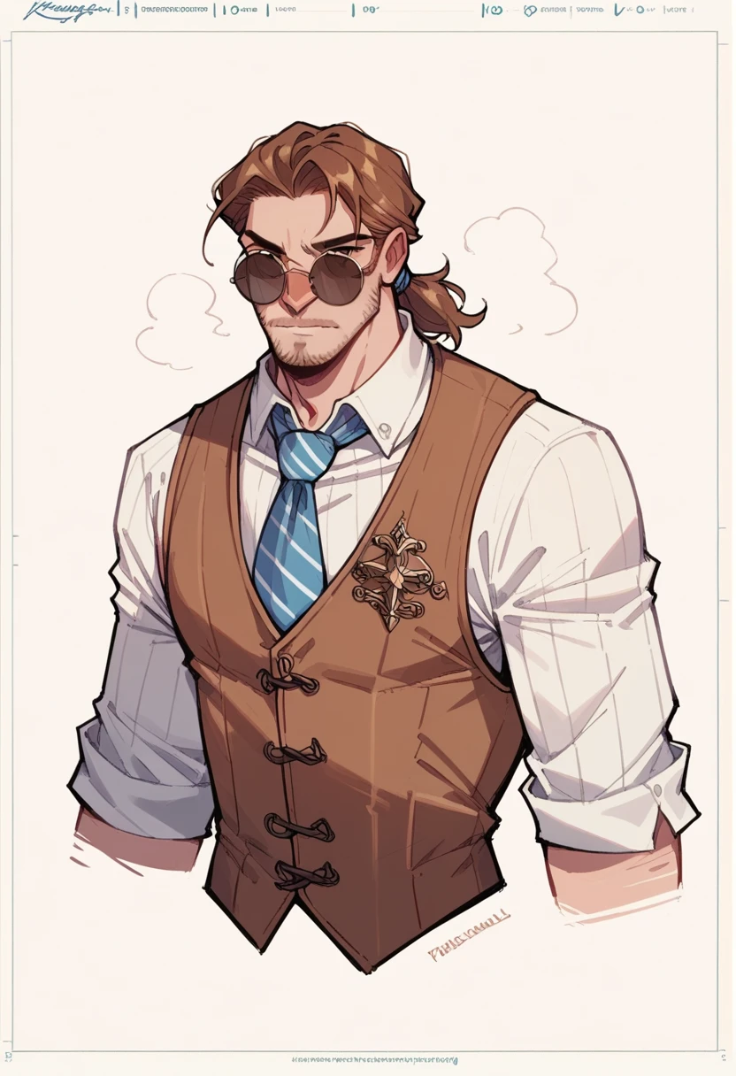 Wizard Male , Brown vest ,Tie , white Tied hair ,Medieval Clothing ,Round Sunglasses  