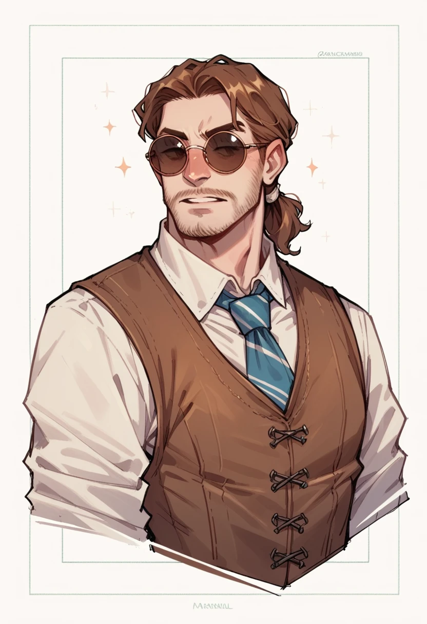 Wizard Male , Brown vest ,Tie , white Tied hair ,Medieval Clothing ,Round Sunglasses  