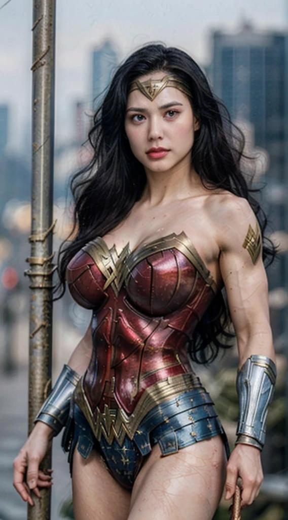 8k , Realistic , ((masterpiece:1.1)) , 20 Yearsold , Wonder Woman Detail Costume , ((breasts:1.3)) , ((muscles:1.4)) , Armpits , Sweaty Body , Extremely Detailed , Chaos City Background , Look to Viewer , In Action , 2 Hand Hanging on an Iron Pole , Wonder Women Mech Sword , ((roundbokeh:1.2))