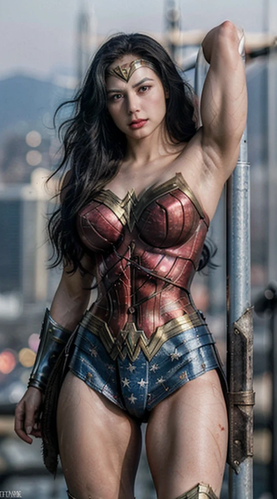 8k , Realistic , ((masterpiece:1.1)) , 20 Yearsold , Wonder Woman Detail Costume , ((breasts:1.3)) , ((muscles:1.4)) , Armpits , Sweaty Body , Extremely Detailed , Chaos City Background , Look to Viewer , In Action , 2 Hand Hanging on an Iron Pole , Wonder Women Mech Sword , ((roundbokeh:1.2))