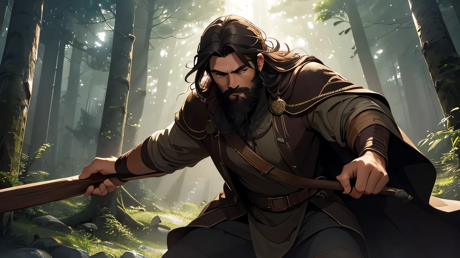 man with dark brown beard, long dark brown hair, light yellow-brown eyes and dark brown and light brown tunic from the 4th century BC. C., with a light brown cloak, about 50 years old, attacking with wooden stick, in a dark and mysterious forest at night, movement scene in the forest, changing lighting, hyperrealistic, cinematic lighting,