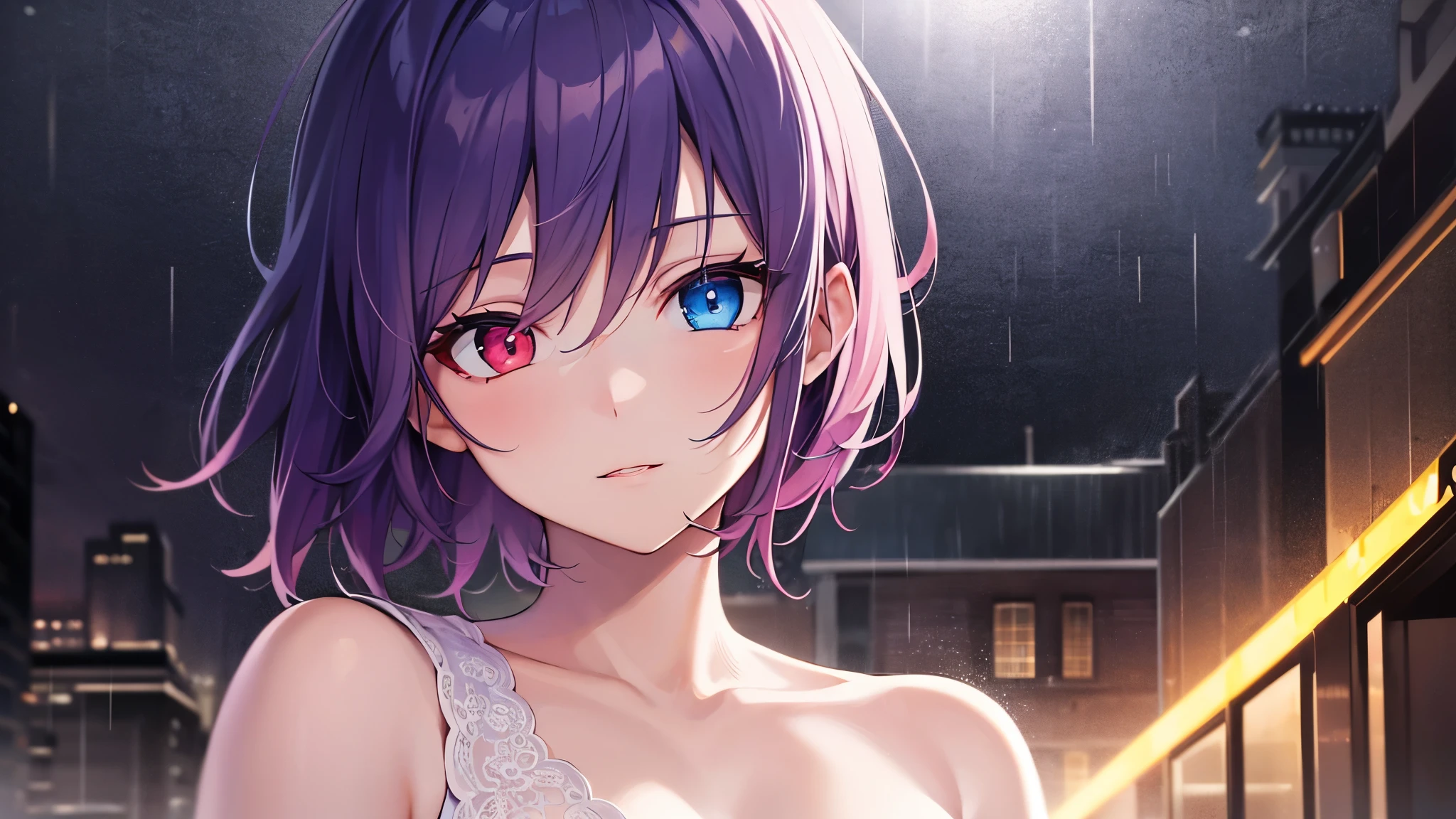 Highest quality, 8K, 4K, High resolution, (Beautifully detailed face), High Contrast,1girl,only,short hair,purple hair,heterochromia(red eyes,blue eyes), beautiful eyes, Slanted Eyes, Moderately sized breasts, A quiet town late at night, Night Rain, Neon Light