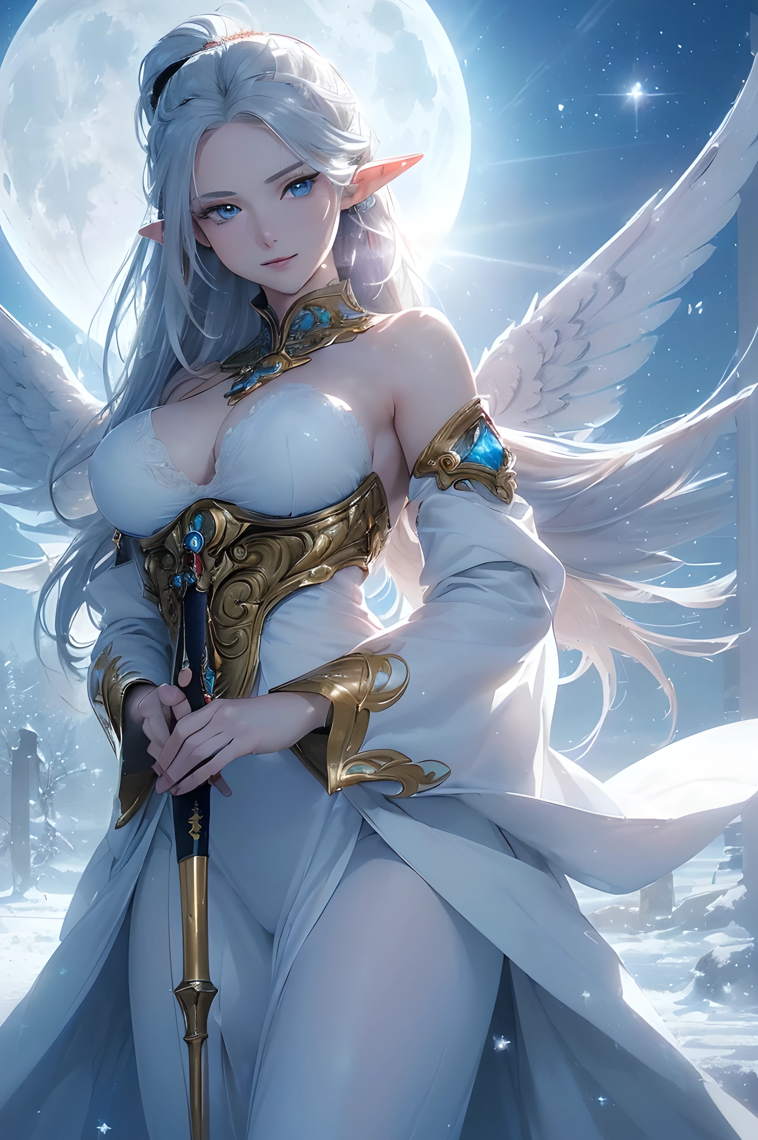 character: A beautiful woman, legendary, ((((realistic oil art, 46-year-old Empress, vibrant look, ((an elf, with golden hair and pointed ears. she has a pair of huge black and white wings behind her, and she holds a silver-white weapon , modest)), perfect body figure, very big breast, very big ass, beautiful face, milf, royal, shine eyes, blue eyes, ponytail long hair style, beautiful skin,                                                                                                                  details: 1girl, masterpiece, extremely detailed, (beautiful detailed glow), lens flare, red flare lens, sun flare, clouds, backlighting, (blue sky)
, light from behind, shadow on the figure, sparkling snow ,smile, laughter, standing in the distance, looking at the viewer, full-length
, elegance under the sun, hair ornament, movement motion, image look alive, Extremely details hair, fine details, cinematic lighting, beautiful lighting effect, creative design, full body frame, divine aura, hard harmony , sun light, perfect color transition, perfect balance of contrast, perfect color layer, perfectly smooth color blur, soft rendering, smooth color stroke, moon glare, optic lens, moonlight ray, soft colors, smooth colors blend, perfect color rendering, harmony, perfect color harmony, beautiful color, soft harmony, light particles, perfect details, intricate details, color prism, fine details, refine details, different view point, extremely details clothes))), Tachibana Omina art style, affectionate eyes, half a smile, slightly open mouth, a gentle expression on his face, serene scenery of  flower under the snow, snow flake floating around, calm, breeze and sunlight, sun, lake, reflection, in the background, butterflies in the sky, realism, ((Best quality))),8k,((Masterpiece)),(Extremely refined and beautiful)