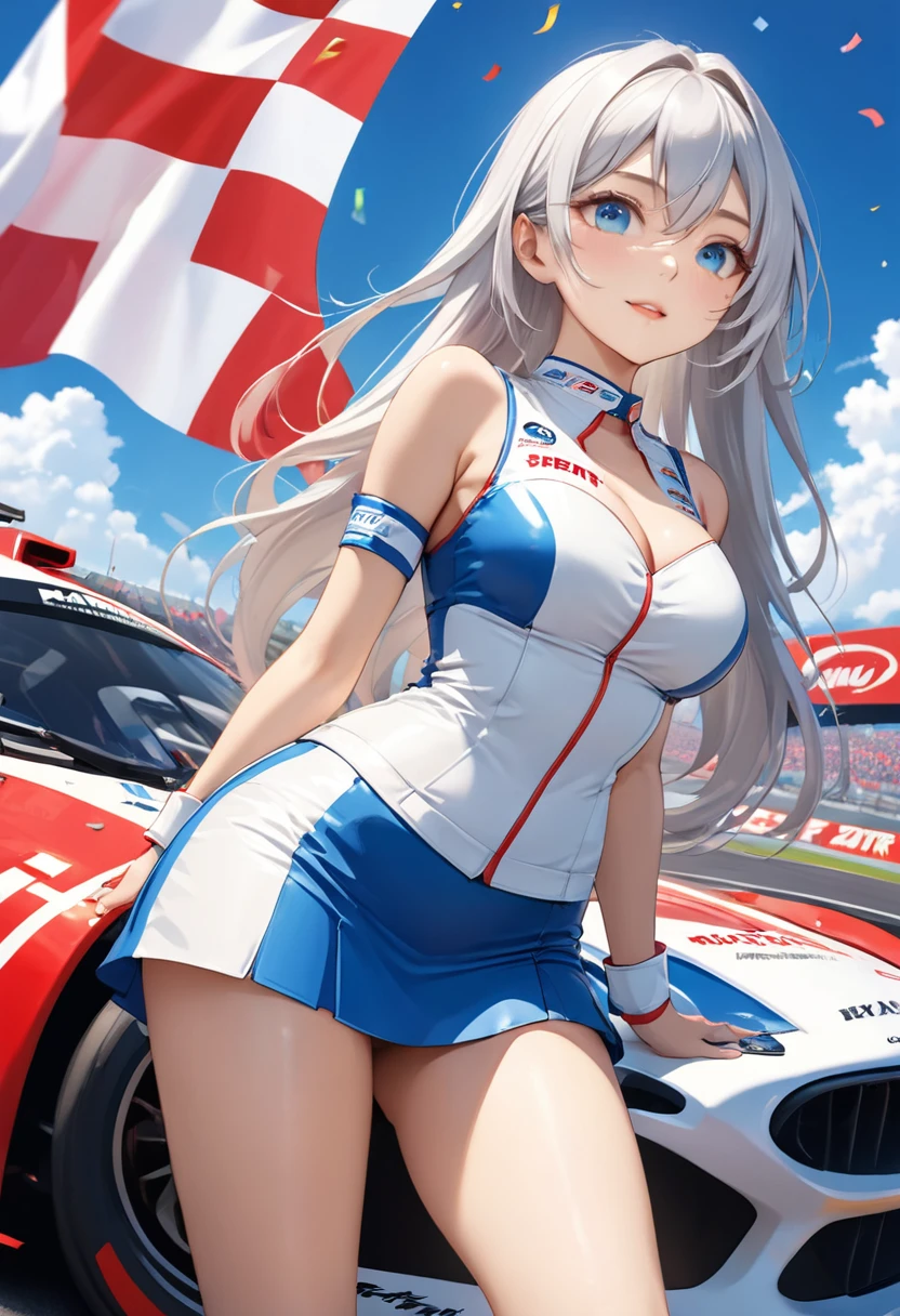 Highest quality, Super quality, 16K, Incredibly absurd, Very detailed, 2.5D, delicate and dynamic, blue sky, Confetti, Racing Car, flag, Small face, Extremely delicate facial expression, Delicate eye depiction, Extremely detailed hair, Upper body close-up, erotic, sole sexy lady, healthy shaped body, 22 years old lady, Race Queen, 170cm tall, big firm bouncing busts, white silver long hair, sexy long legs, Glowing Skin, , Flashy Race Queen costume, blue tight skirt, white leather long boots, Formula 1, Auto Racing Track