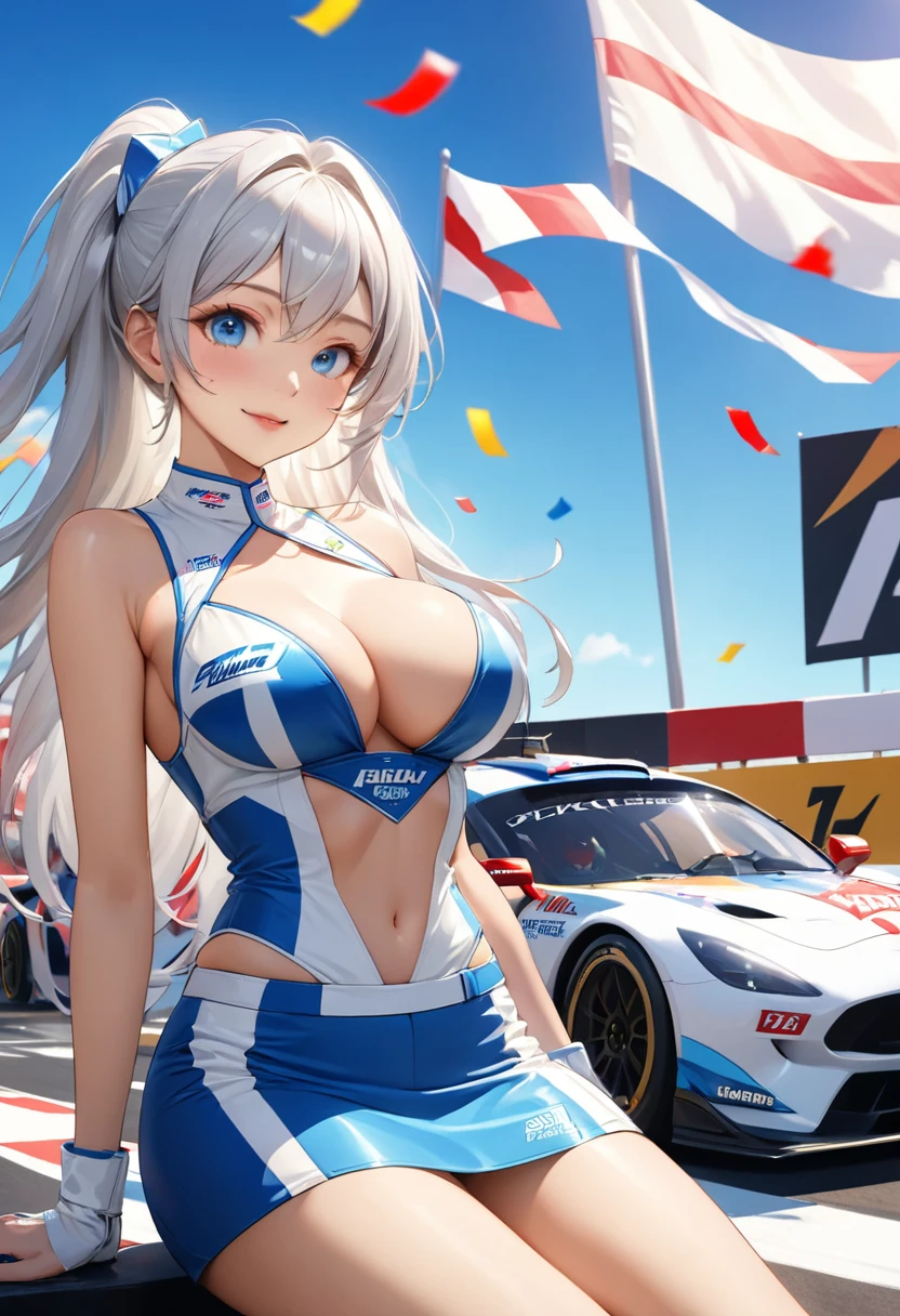 Highest quality, Super quality, 16K, Incredibly absurd, Very detailed, 2.5D, delicate and dynamic, blue sky, Confetti, Racing Car, flag, Small face, Extremely delicate facial expression, Delicate eye depiction, Extremely detailed hair, Upper body close-up, erotic, sole sexy lady, healthy shaped body, 22 years old lady, Race Queen, 170cm tall, big firm bouncing busts, white silver long hair, sexy long legs, Glowing Skin, , Flashy Race Queen costume, blue tight skirt, white leather long boots, Formula 1, Auto Racing Track