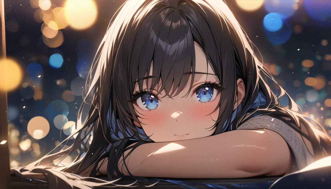 Full resolution, Highest quality, masterpiece, Full HD, Bokeh, particle Bokeh, Depth of written boundary, Beautiful girls, Very detailed, One girl, pretty girl, Black Hair, Long Hair, Blue water eyes