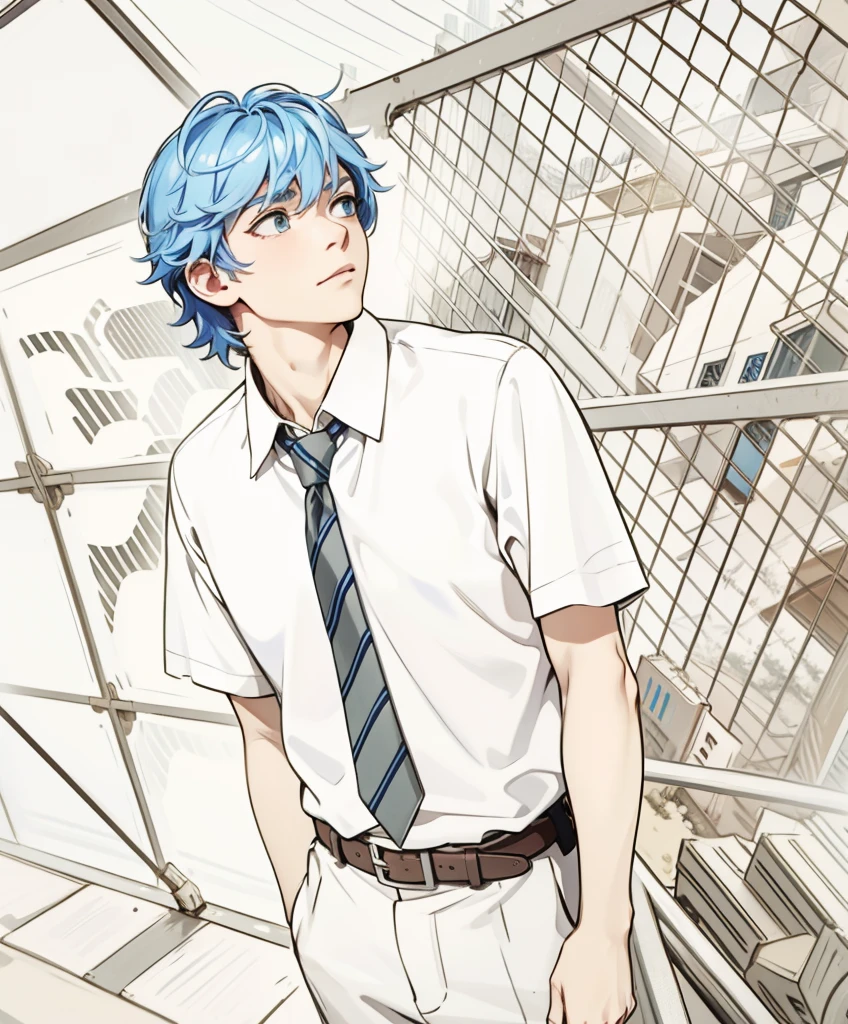 In the background there is a city, it is on top of its school, looking curious and thoughtful. The city has blue hair.