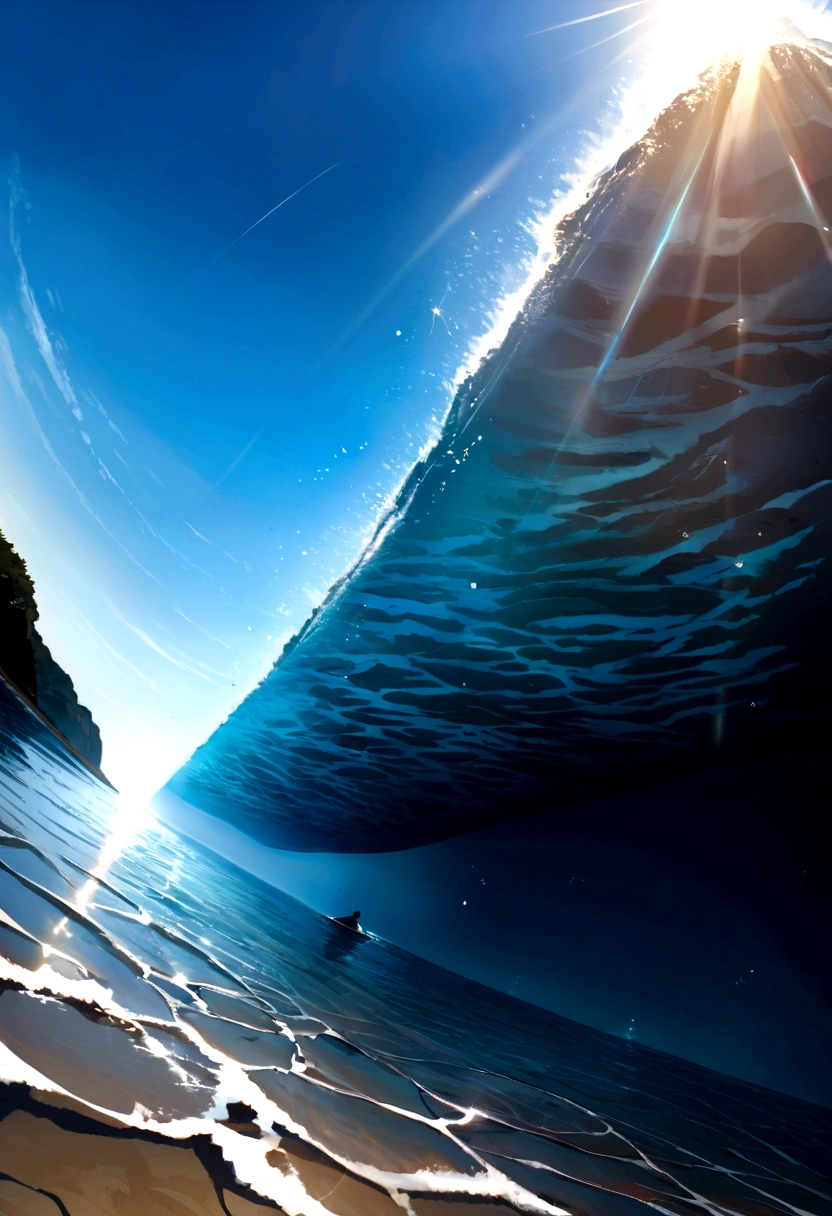 (((Beautiful))) Shaft of sunlight penetrating the surface of the sea, Illuminate the world hidden below, 魅惑的なwater中シーンを作成する. Vertical panorama, Ultra-wide angle view. Ultra-high resolution, masterpiece, Award-winning photo,In the sea,water,Bubble