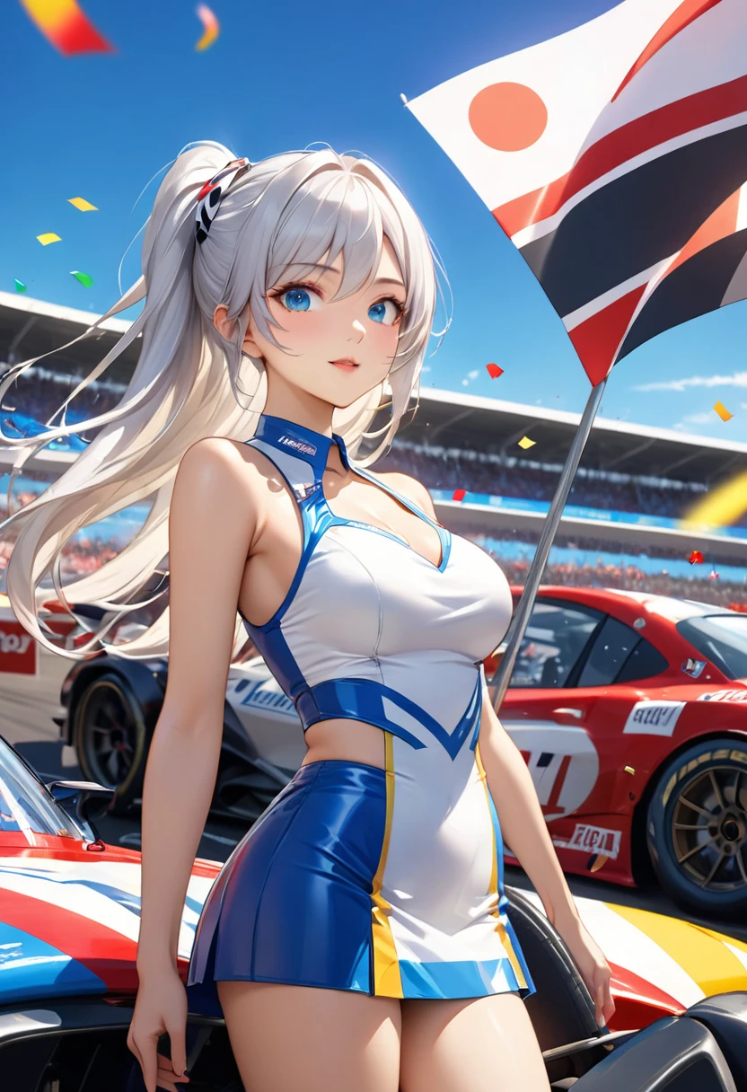 Highest quality, Super quality, 16K, Incredibly absurd, Very detailed, 2.5D, delicate and dynamic, blue sky, Confetti, Racing Car, flag, Small face, Extremely delicate facial expression, Delicate eye depiction, Extremely detailed hair, Upper body close-up, erotic, sole sexy lady, healthy shaped body, 22 years old lady, Race Queen, 170cm tall, big firm bouncing busts, white silver long hair, sexy long legs, Glowing Skin, , Flashy Race Queen costume, blue tight skirt, white leather long boots, Formula 1, Auto Racing Track