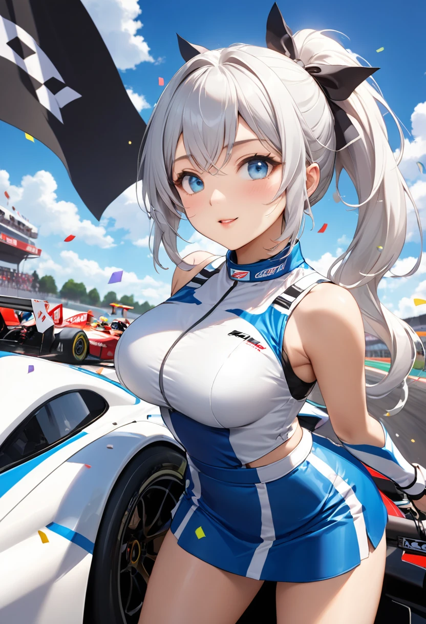 Highest quality, Super quality, 16K, Incredibly absurd, Very detailed, 2.5D, delicate and dynamic, blue sky, Confetti, Racing Car, flag, Small face, Extremely delicate facial expression, Delicate eye depiction, Extremely detailed hair, Upper body close-up, erotic, sole sexy lady, healthy shaped body, 22 years old lady, Race Queen, 170cm tall, big firm bouncing busts, white silver long hair, sexy long legs, Glowing Skin, , Flashy Race Queen costume, blue tight skirt, white leather long boots, Formula 1, Auto Racing Track