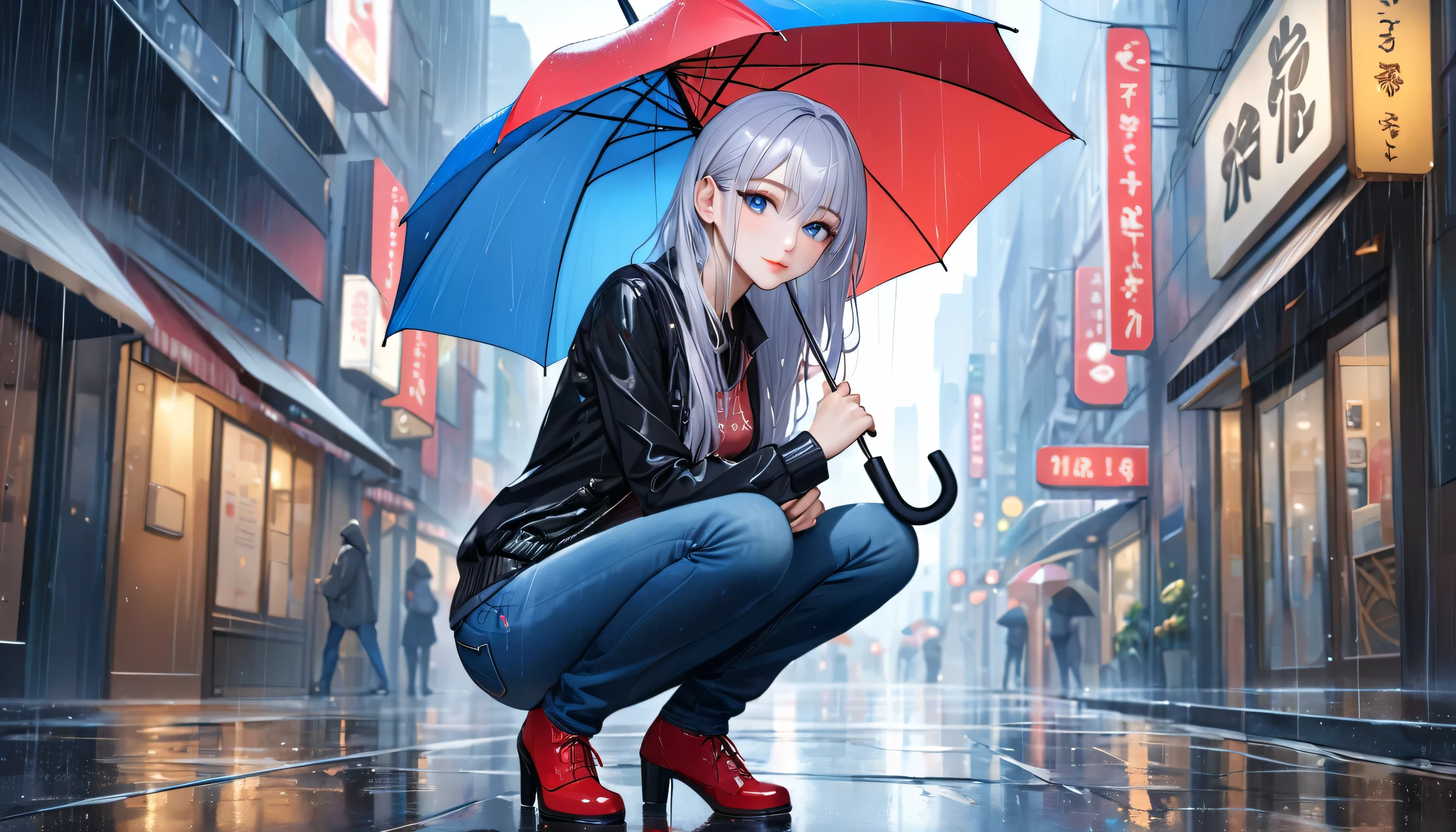 ((Highest quality, masterpiece:1.3, 8K)), (detailed), highly detailed face and skin texture, detailed eyes, Downtown, whole body, Seductive pose, Slender body, One girl, Age 25, White skin, Bright lips, Captivating smile, Long Hair, (amount:1.0), Stylish tops, Jeans pants, Skinny jeans, Blue Jeans, footwear,(((heavy rain))),Sheltering from the Rain,(((Holding an umbrella in his right hand))),Squatting without touching the bottom to the ground,