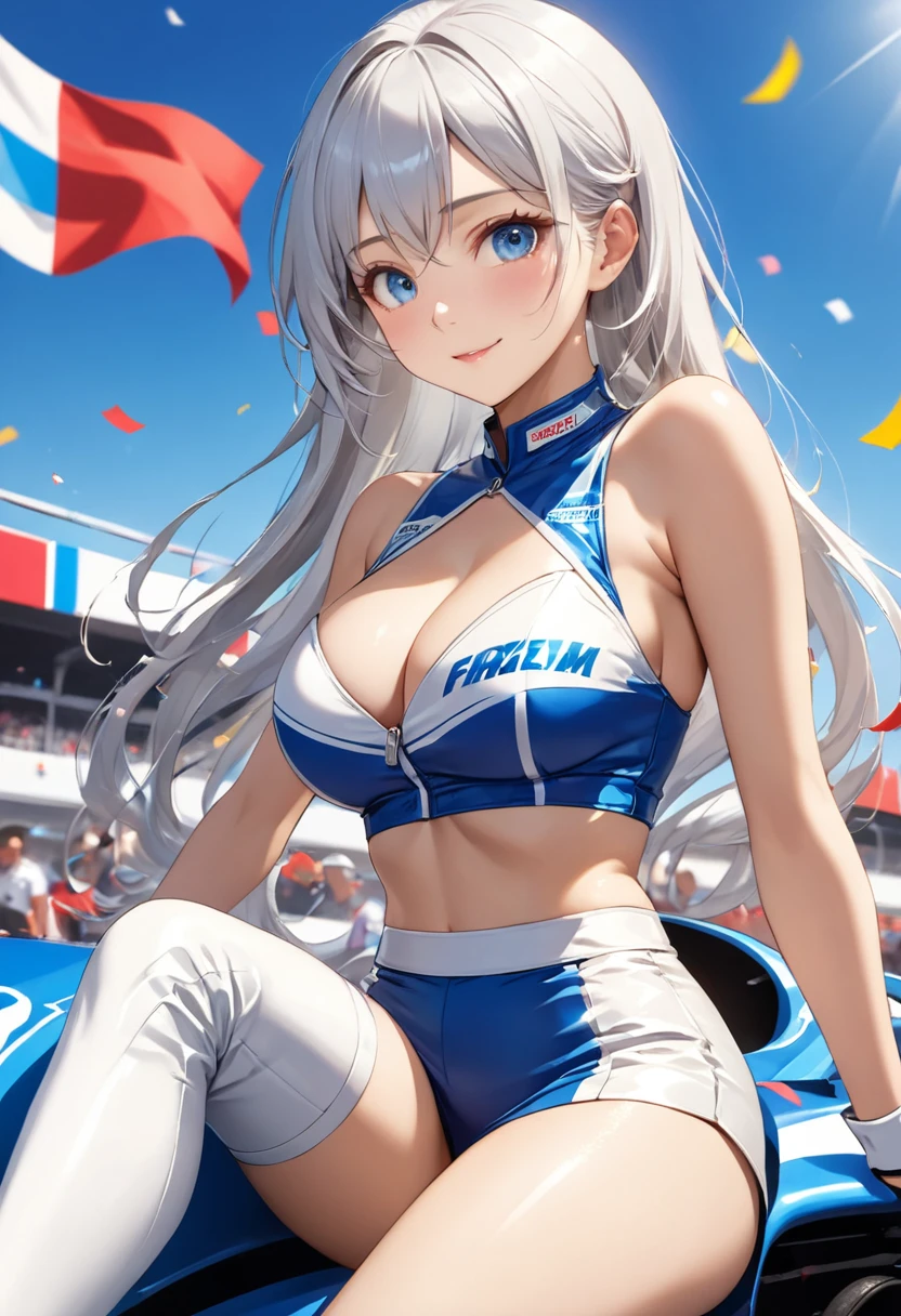 Highest quality, Super quality, 16K, Incredibly absurd, Very detailed, 2.5D, delicate and dynamic, blue sky, Confetti, Racing Car, flag, Small face, Extremely delicate facial expression, Delicate eye depiction, Extremely detailed hair, Upper body close-up, erotic, sole sexy lady, healthy shaped body, 22 years old lady, Race Queen, 170cm tall, big firm bouncing busts, white silver long hair, sexy long legs, Glowing Skin, , Flashy Race Queen costume, blue tight skirt, white leather long boots, Formula 1, Auto Racing Track