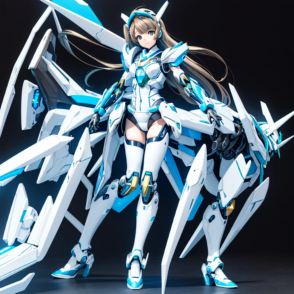 masterpiece, high quality, Minami Kotori, who has been turned into a mechanical body cyborg、Gynoid cyborg body modification surgery、Blue and white leotard armor、独奏、Single image、from front, full body、Mechabare、Sexual processing type mechanized genitals、Black background