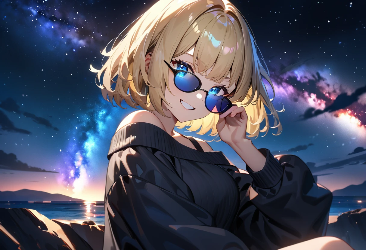 ((grin)), ((off-shoulder sweater:1.3, Quite thick shoulder straps)), ((black sweater)), ((blond hair, bob cut:1.3)), ((sunglasses, hand to sunglasses)), (((from side))), ((((upper body)))), bare legs, ((Leaning to side)), (((a beautiful starry sky, the Milky Way shining beautifully in the night))), ((sitting on the very high cliff)), wavy hair, inward curled hair, ((sea, nature)), breasts, teenager, (looking at viewer), oversized clothes, puffy long sleeves, collarbone, head tilt:1.3, (((blue eyes))), happy smile, (((anime style))), (best quality, 4K, 8K, highres, masterpiece:1.2, ultra-detailed, ultra-detailed eyes, HDR, uhd, studio lighting, ultra-fine painting, sharp focus, physically-based rendering, extreme detail description, professional, vivid colors, bokeh)