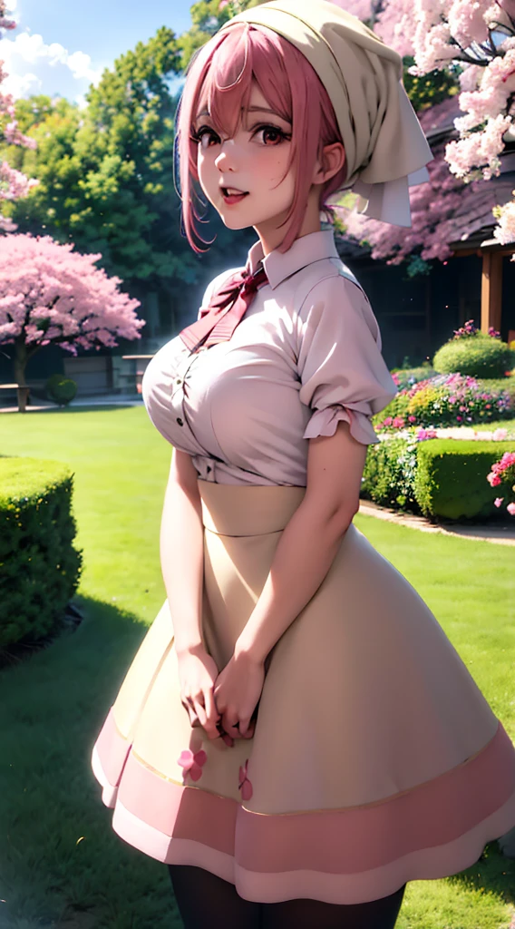 Hinata hyuga medium breasts, pink hair, ahoge, (head scarf:1.2), white shirt, (red bow), (cream skirt), (strap skirt), kneehigh skirt, beautiful face, pink eyes, smile, black pantyhose, outdoors, field, (complex background, many elements in the background:1.3),((super detailed background)), dynamic pose, ((8k wallpaper)), (masterpiece:1.2), best quality, absurdres, highres, extremely detailed wallpaper, perfect lighting,8k,HD, cowboy shot,