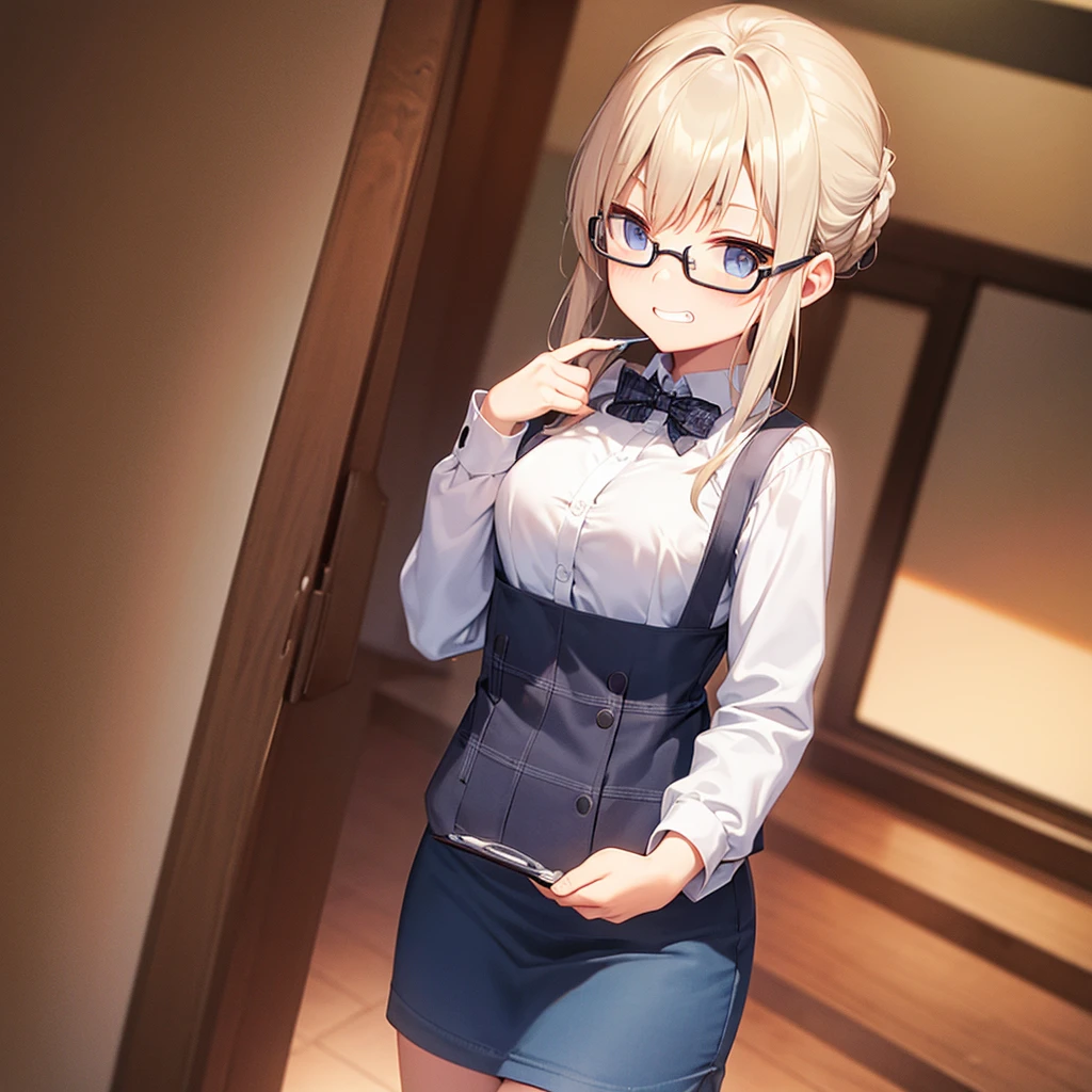 8K、masterpiece、Japanese、Woman wearing glasses、Neon(nod)、from the front、smile、Childish、Small breasts、See-through underwear、night、Bedroom、Show your underwear、mini skirt