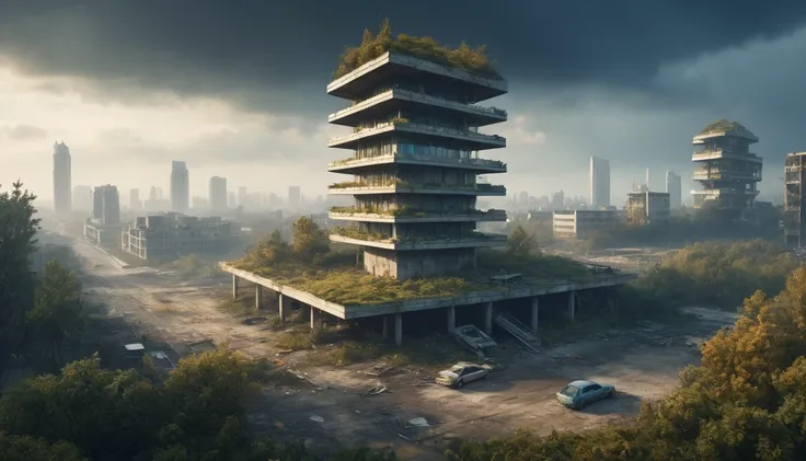 sci-fi world,view from a destroyed building,rusty school bus, abandoned land, rusty buildings, miss, dark clouds, abandoned city...