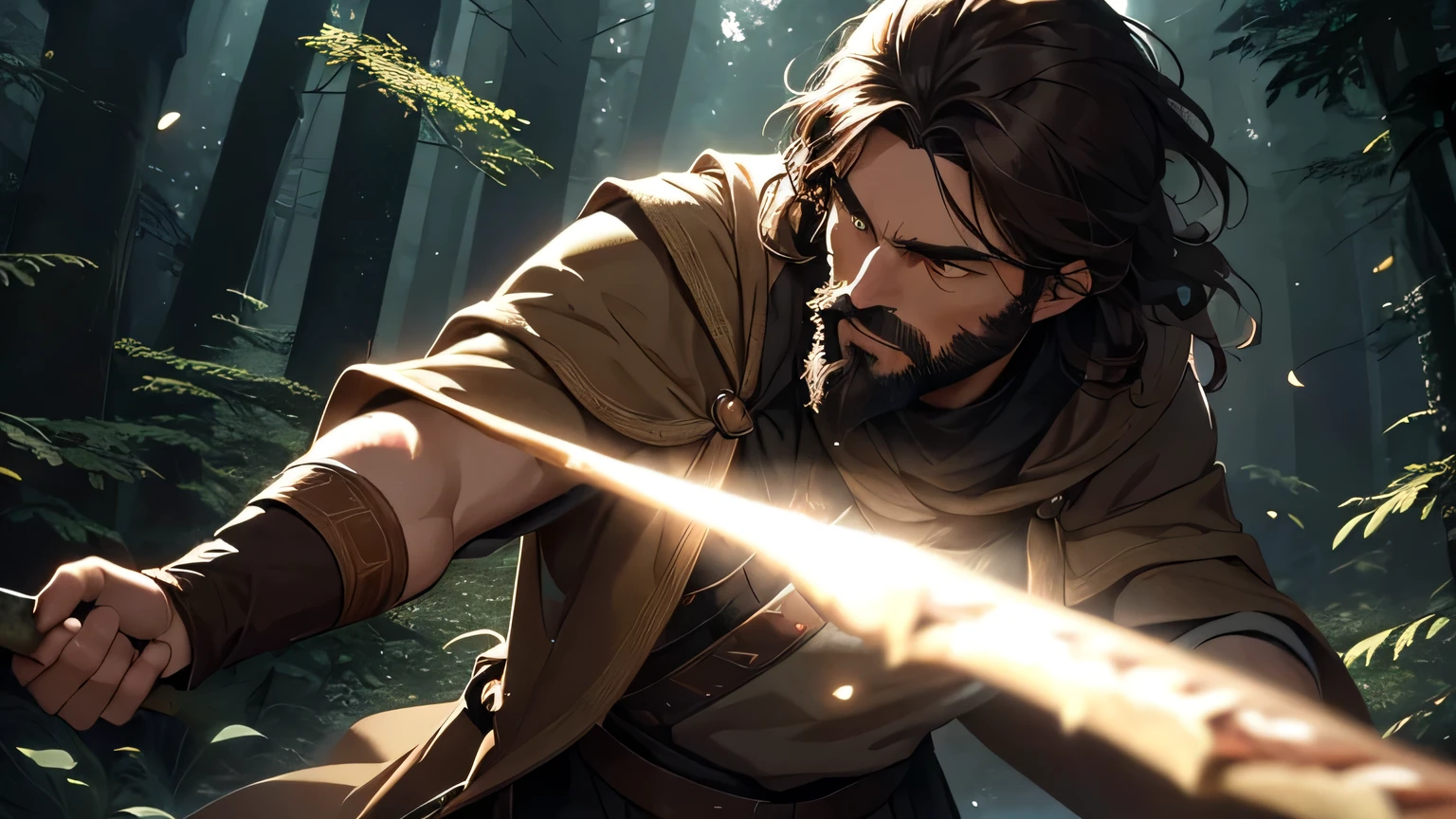 man with dark brown beard, long dark brown hair, light yellow-brown eyes and dark brown and light brown tunic from the 4th century BC. C., with a light brown cloak, about 50 years old, attacking with wooden stick, in a dark and mysterious forest at night, movement scene in the forest, changing lighting, hyperrealistic, cinematic lighting,