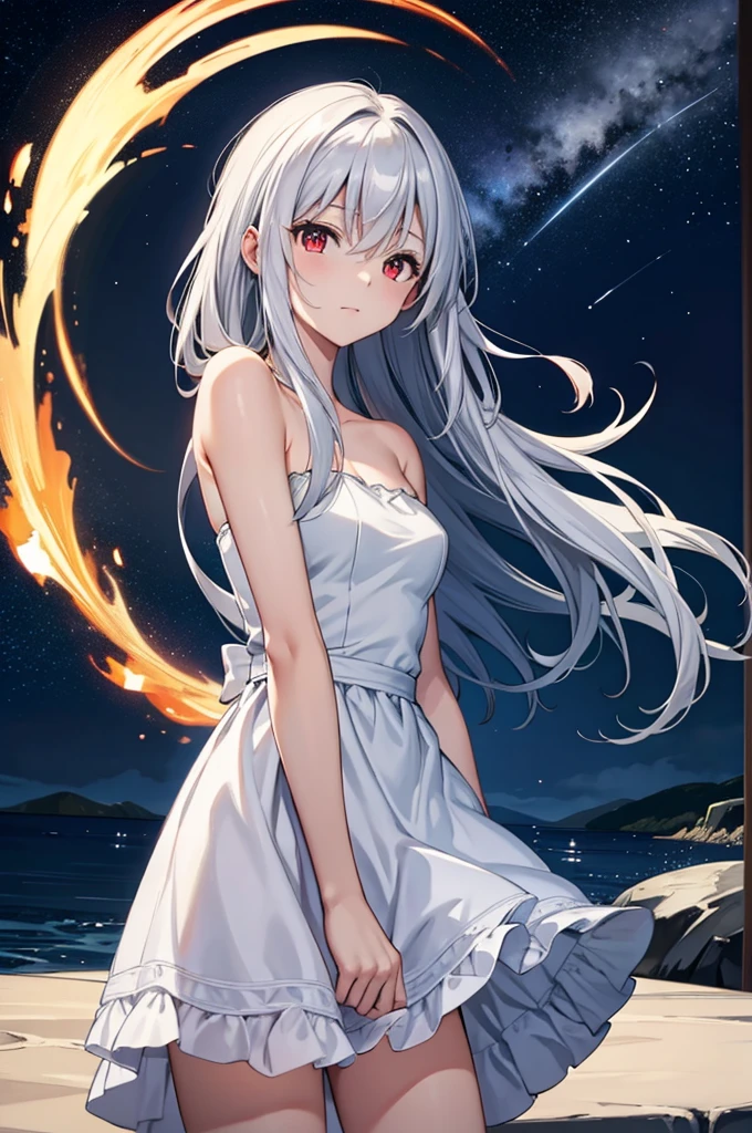 (masterpiece:1.3), (best quality:1.1), (8k, ultra detailed, ultra high res:1.3), anime style, perfect 5 fingers, perfect anatomy, (Strapless dress:1.2), white dress, arm behind back, 
1girl, small breasts, long hair, wavy hair, white hair, BREAK red eyes, looking at viewer, shoot from front, 
BREAK cowboy shot, BREAK outdoor, outside, at night, Starry Night Sky with Shooting Stars, sea, sky, 