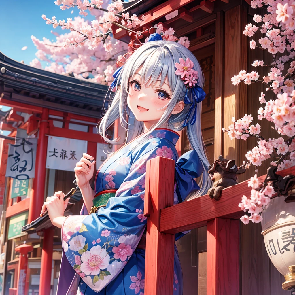 masterpiece, best quality, 1girl, traditional Japanese Shibuya street, Japanese pagoda, blue sky, cherry blossom, flower pattern dress, smiling, アニメ