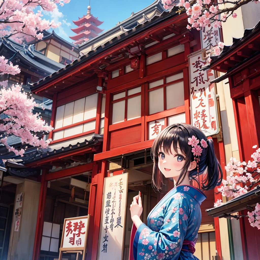 masterpiece, best quality, 1girl, traditional Japanese Shibuya street, Japanese pagoda, blue sky, cherry blossom, flower pattern dress, smiling, アニメ
