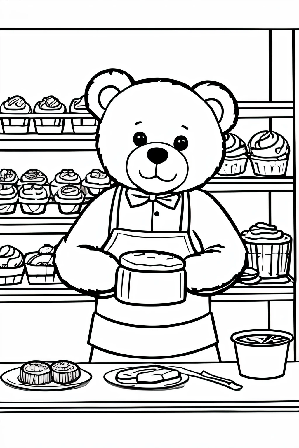create I line image for a coloring book of a teddy bear baker in his bakery shop
