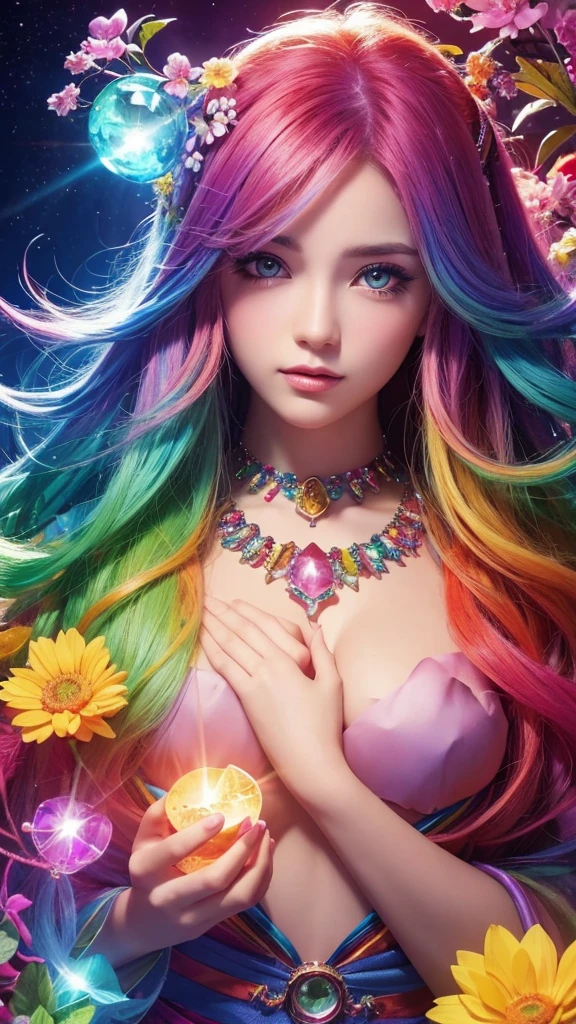 The image you provided appears to be a digital artwork featuring a character with vibrant, multi-colored hair holding a crystal. The background is filled with colorful elements like rainbows and flowers, creating a whimsical and fantastical atmosphere.front face,from the chest up,Big eyes.
Waiting to start 
