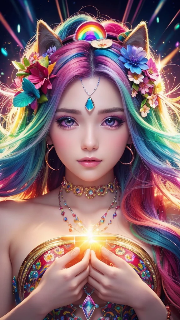 The image you provided appears to be a digital artwork featuring a character with vibrant, multi-colored hair holding a crystal. The background is filled with colorful elements like rainbows and flowers, creating a whimsical and fantastical atmosphere.front face,from the chest up,Big eyes.
Waiting to start 
