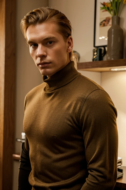 Ginger man in a turtleneck sweater and a brown jacket., long blonde hair slicked back, modelo bien cuidado, slicked back hair, slicked back hair, short hair slicked back, usando cuello alto, very short hair slicked back, pelo rubio liso, vistiendo un jersey de cuello alto y una chaqueta, british ginger man, twenty two years old