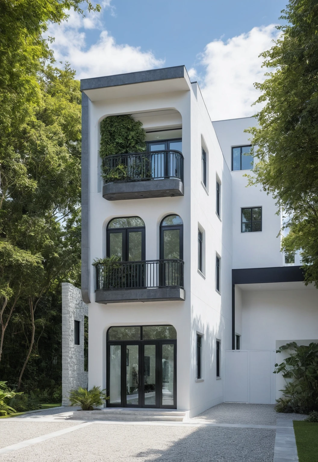 Modern garden house with pure white walls, light blue and gray cars and striking black door frames, combined with light glass to create an open, airy space. The pillars are covered with natural stone, providing a sustainable, rustic beauty. The house is located in the middle of a spacious garden, surrounded by lush tropical greenery. The clear blue sky with gently drifting white clouds creates a peaceful, relaxing scene.
