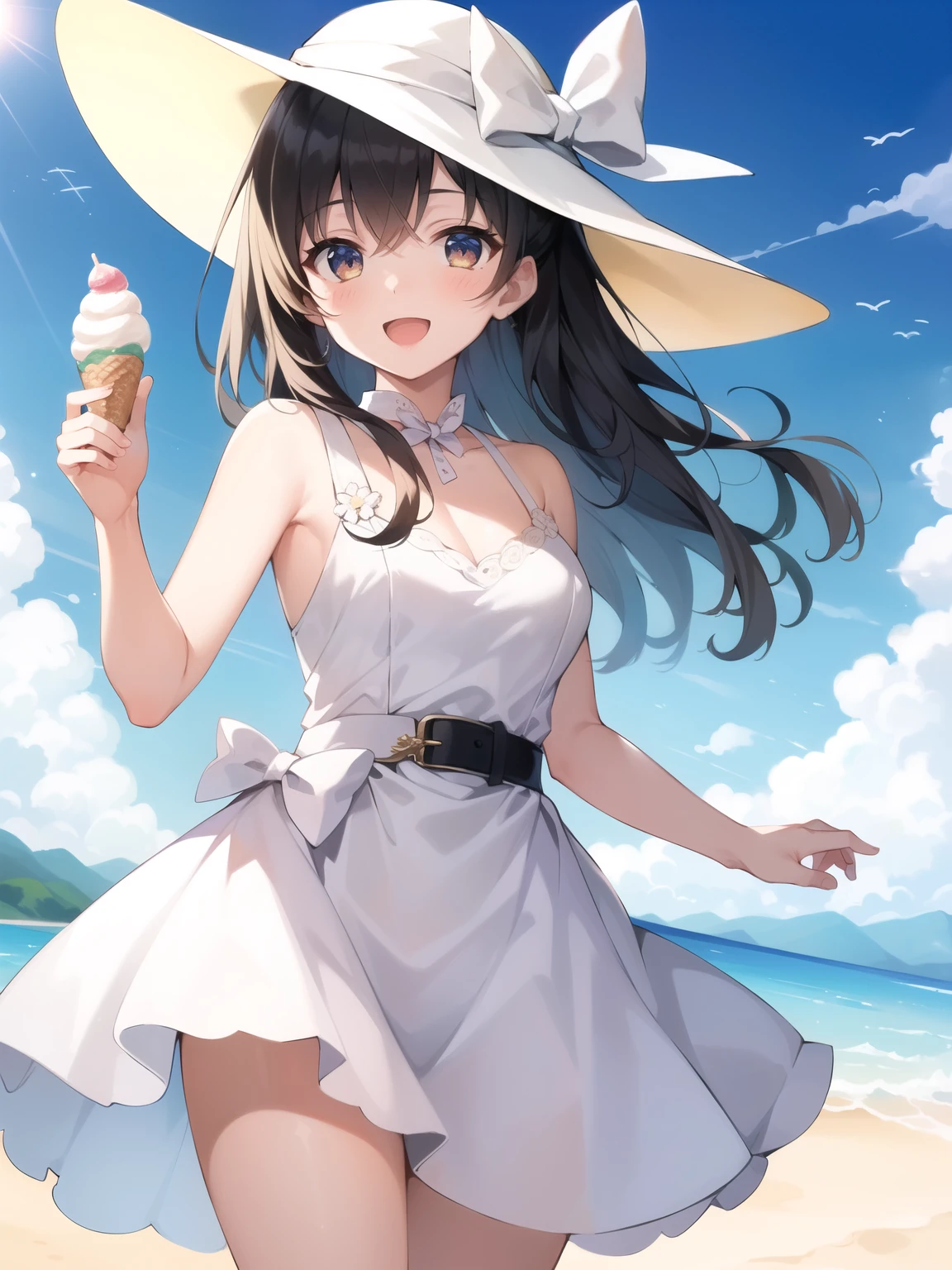 (Masterpiece, best quality:1.2), 1girl, 18 years old, white dress, white gown, intricate pattern, fabric wrap belt, bow, :D, happy, holding 1 ice cream, sun hat, beach background