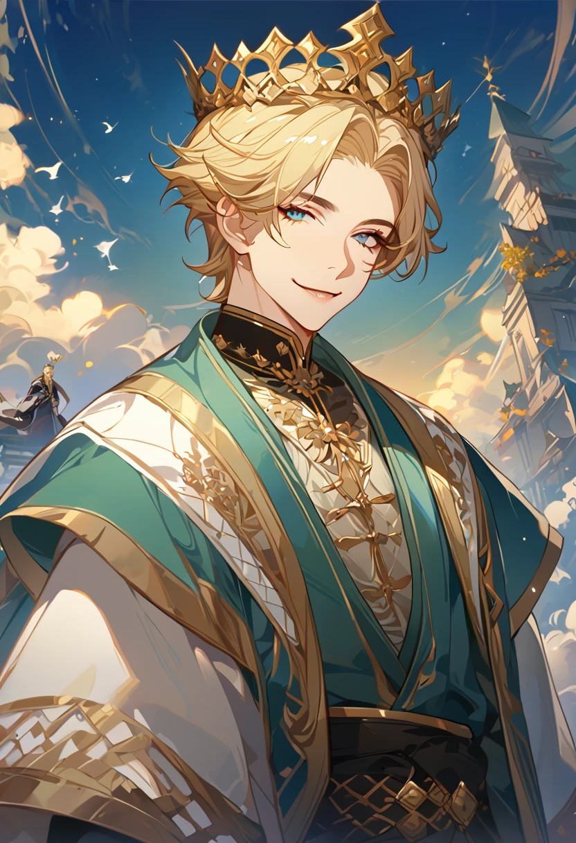 masterpiece, best quality, 8k ,4k , 1male, elf King, Golden Blond, Blue greenish eyes, gold wreath crown, hair ornament, finely detailed eyes and detailed face, looking at viewer, black sleeveless, half robe, patterned clothes, gold embroidery clothes, meticulous clothes, mature clothe, majestic looks, smiling gently, small bird, full body, inspired by Asukaziye artist : ask, art style : ask