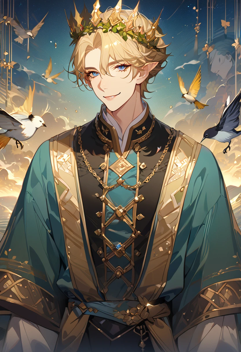 masterpiece, best quality, 8k ,4k , 1male, elf King, Golden Blond, Blue greenish eyes, gold wreath crown, hair ornament, finely detailed eyes and detailed face, looking at viewer, black sleeveless, half robe, patterned clothes, gold embroidery clothes, meticulous clothes, mature clothe, majestic looks, smiling gently, small bird, full body, inspired by Asukaziye artist : ask, art style : ask