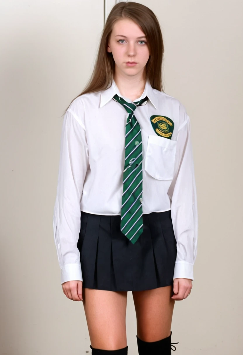 A cute girl with blonde hair and a little green, light green eyes and freckles, dressed in a white blouse, black stockings a little transparent, school shoes and a navy blue skirt, with red tie