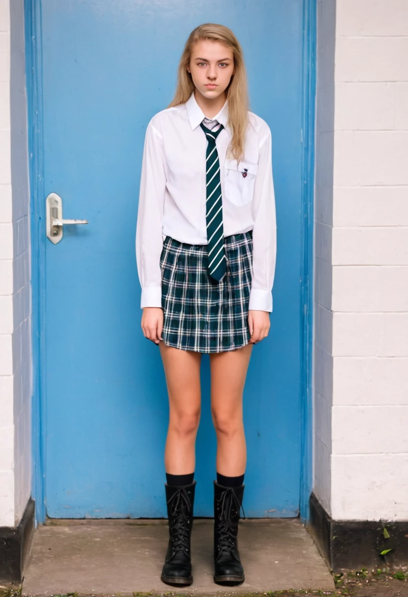 a 20 year old white woman, in a high school shirt, loose shirt, a tie, thin hip length shirt, school boots, no skirt.