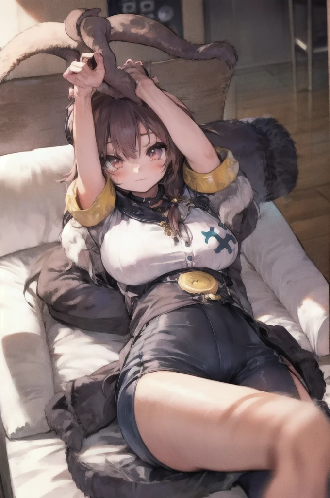 Anime, flat , (Ellen 18-years-old, short dark layered hair, Brown-eyed, small breast:1.0), hair clips 
Fantasy Rogue outfit, belt, spread legs, sitting, smirk , groin , fantasy seaside park 