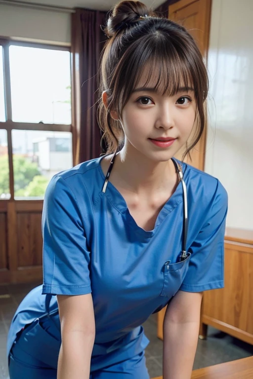 (25 years old:1.2), (8k, raw photo realistic:1.2), lovely idol, fullbody 
BREAK 
nurse idol, (wearing blue medical scrubs:1.3), nurse in a modern hospital setting, (Crouching movement), large breasts:1.1, She has a confident and professional demeanor, medical tools in her pockets, The background features a well-lit hospital corridor with medical equipment and windows, (sadly smile, wavy hair, hair bun)
BREAK 
masterpiece, (best quality:1.2), ultra highres, (photorealistic:1.4), (extremely perfect anatomy body parts), realism, natural light, depth of fields, Detailed Background, perfect composition,highly detailed, detailed face, extremely detailed, ultra-detailed, 8K wallpaper, extremely awesome detailed, dynamic lighting, deep shadows, photorealistic, realistic face, well-groomed face, cute idol, cute & sexy, prostitute_expression, adorable, (pretty idol), (small mouth), small head, ((chiseled face)), no makeup, natural skin, pores, (absurdly cute)